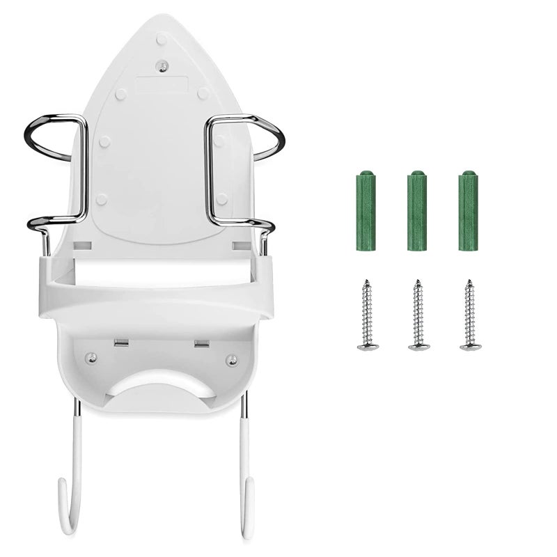 DOUBLE 2 C Wall Mount Iron Board Hanger and Ironing Board Storage Organizer Shelf With Removable Hooks for Household Bathroom Laundry Room (White) - Image 1